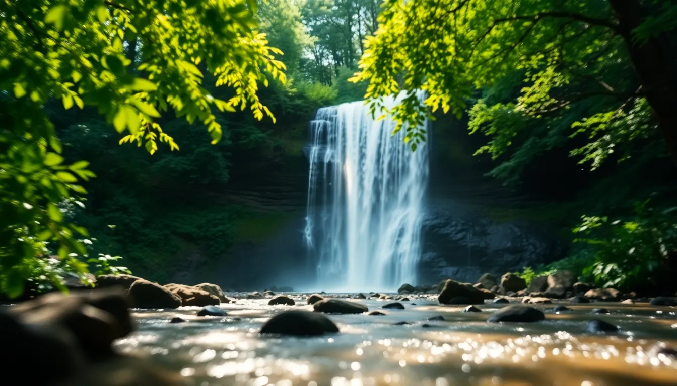 A stunning waterfall cascades into a tranquil pool, surrounded by vibrant green trees and foliage. The light filters through the leaves, creating a serene atmosphere filled with natural beauty. Rich colors evoke a sense of peace and adventure, perfect for capturing the essence of nature. The composition emphasizes the flowing stream leading the eye towards the waterfall, inviting viewers to immerse in this idyllic scene.