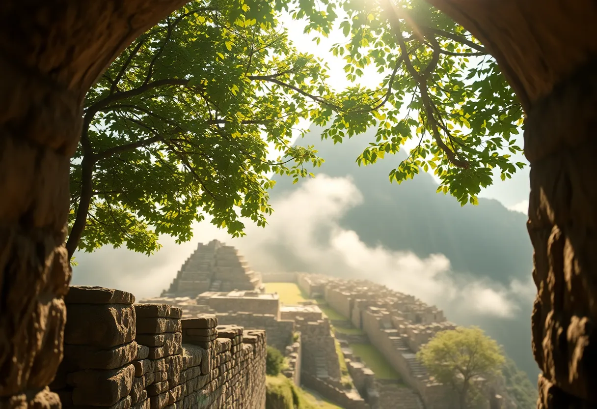 A mystical view of Machu Picchu, captured enveloped in a morning mist that adds an ethereal quality to the ancient ruins. Dappled sunlight filters through the surrounding trees, creating beautiful bokeh highlights that enhance the scene's magical atmosphere. The intricate stone textures are vividly detailed against the soft backdrop of mist and greenery. This image transports viewers to one of the world's most iconic archaeological sites, inviting them to explore its wonders.