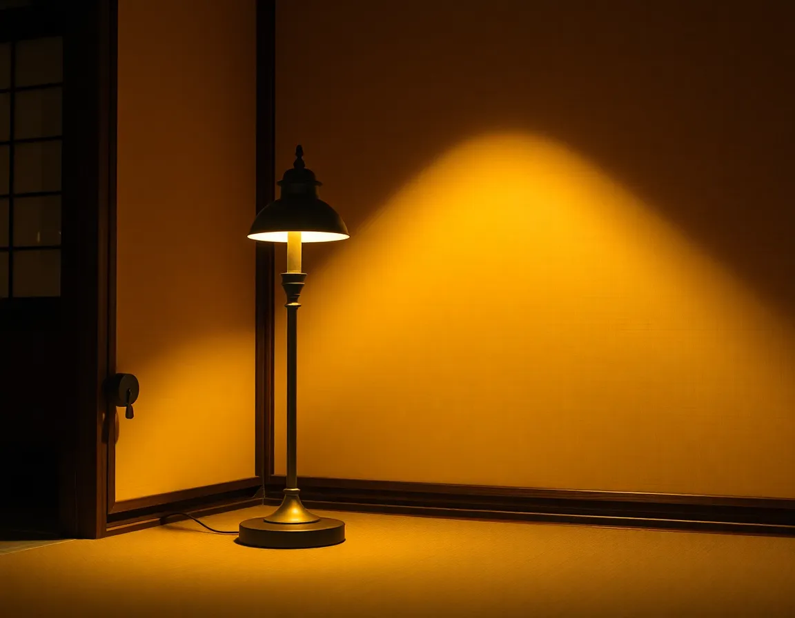 This image captures the serene beauty of a traditional Japanese tea house, illuminated by a warm tungsten light that enhances the fine craftsmanship of its wooden structure. The intricate details of the paper walls invite a sense of calm and tranquility. The muted earth tones speak to the harmony of Japanese aesthetics, making it an inviting scene for cultural enthusiasts and travelers seeking authenticity.