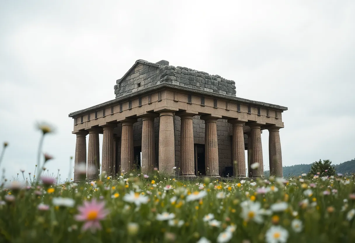 Ancient Temple Surrounded by Wildflowers