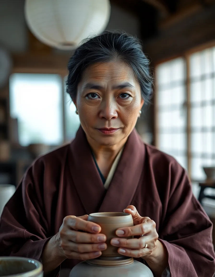 An elegant portrait of a local artisan in Kyoto, immersed in the delicate craft of pottery. Dressed in a traditional kimono, the artisan focuses intently on their work, surrounded by natural materials that enhance the serene atmosphere of the workspace. The soft butterfly lighting highlights natural skin texture while creating depth and warmth in the image. This composition captures the timeless beauty of artisanal craftsmanship and the cultural heritage of Japan.