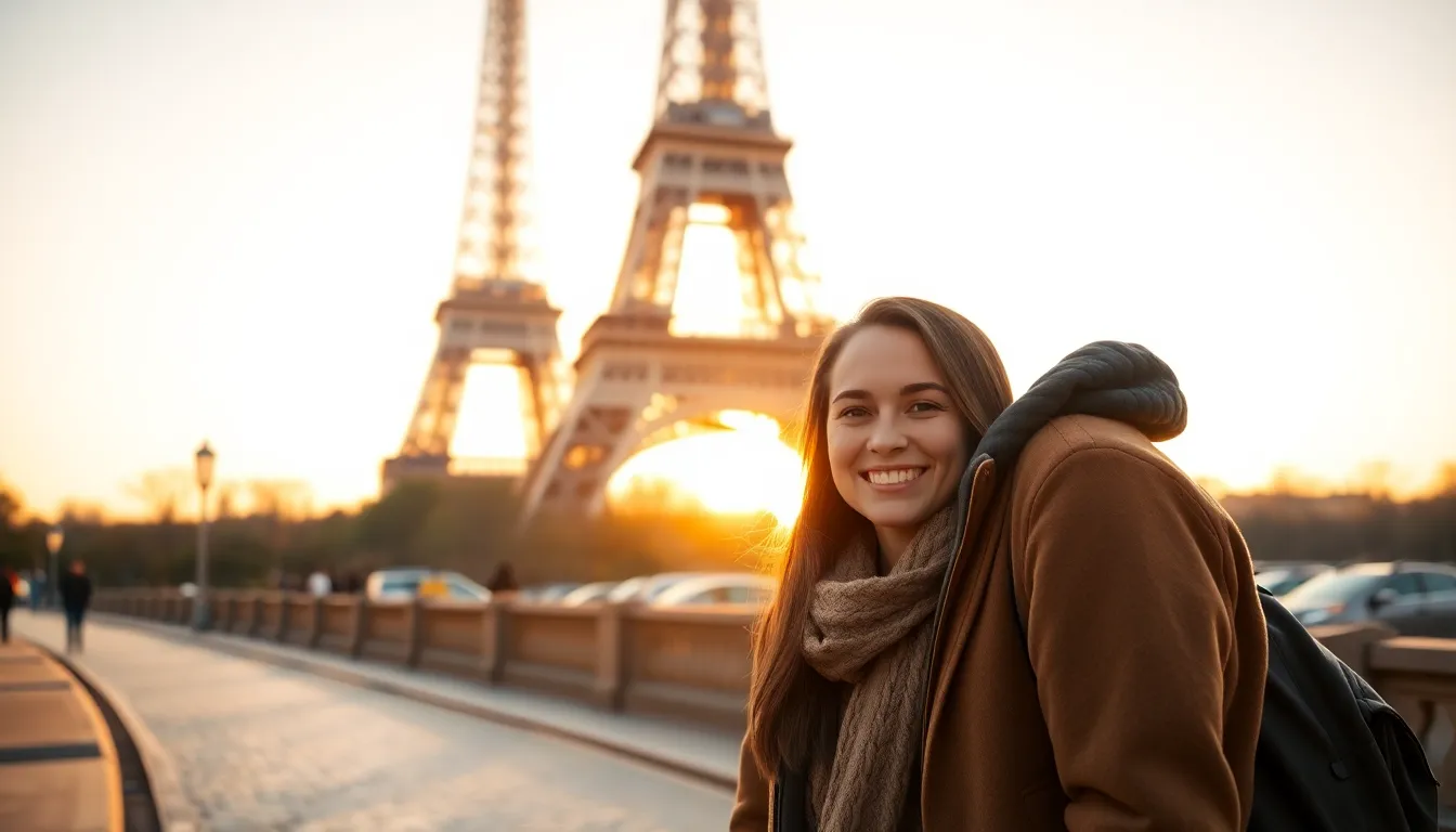 A cheerful couple poses romantically in front of the Eiffel Tower during golden hour. The warm sunlight casts a beautiful glow on their faces, enhancing their joyful expressions. The iconic architecture in the background shimmers, creating a picturesque Parisian scene. The cobblestone street adds a charming texture to the composition, making this an ideal travel image.