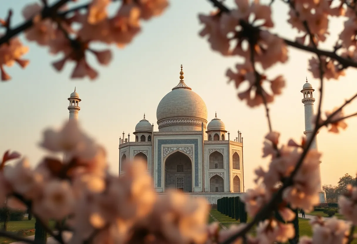 Taj Mahal at Sunrise with Cherry Blossoms