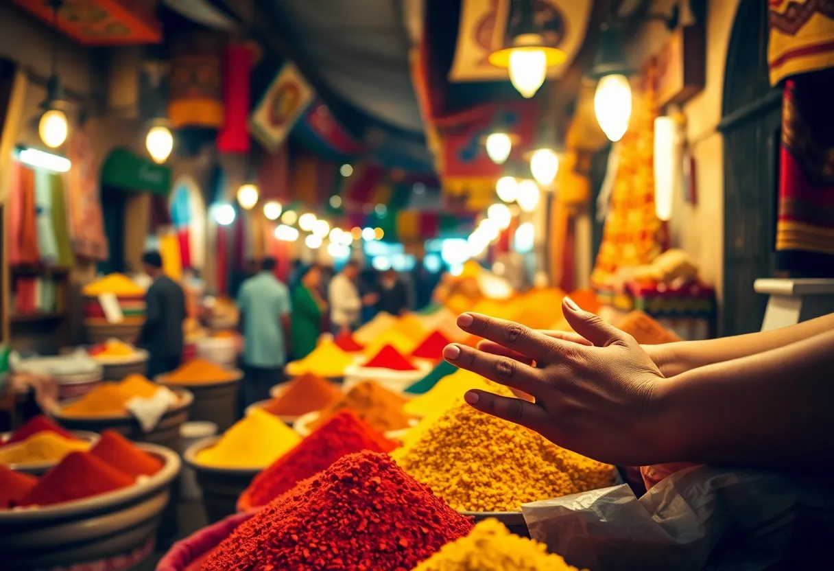 An immersive view of a bustling street market in Marrakech, where vibrant spices and textiles create a kaleidoscope of colors. Warm tungsten light bathes the scene in a cozy glow, adding to the lively atmosphere. A vendor's hands skillfully arrange spices, showcasing their textures and colors. The dynamic composition invites viewers to experience the richness of Moroccan culture and the excitement of market life.