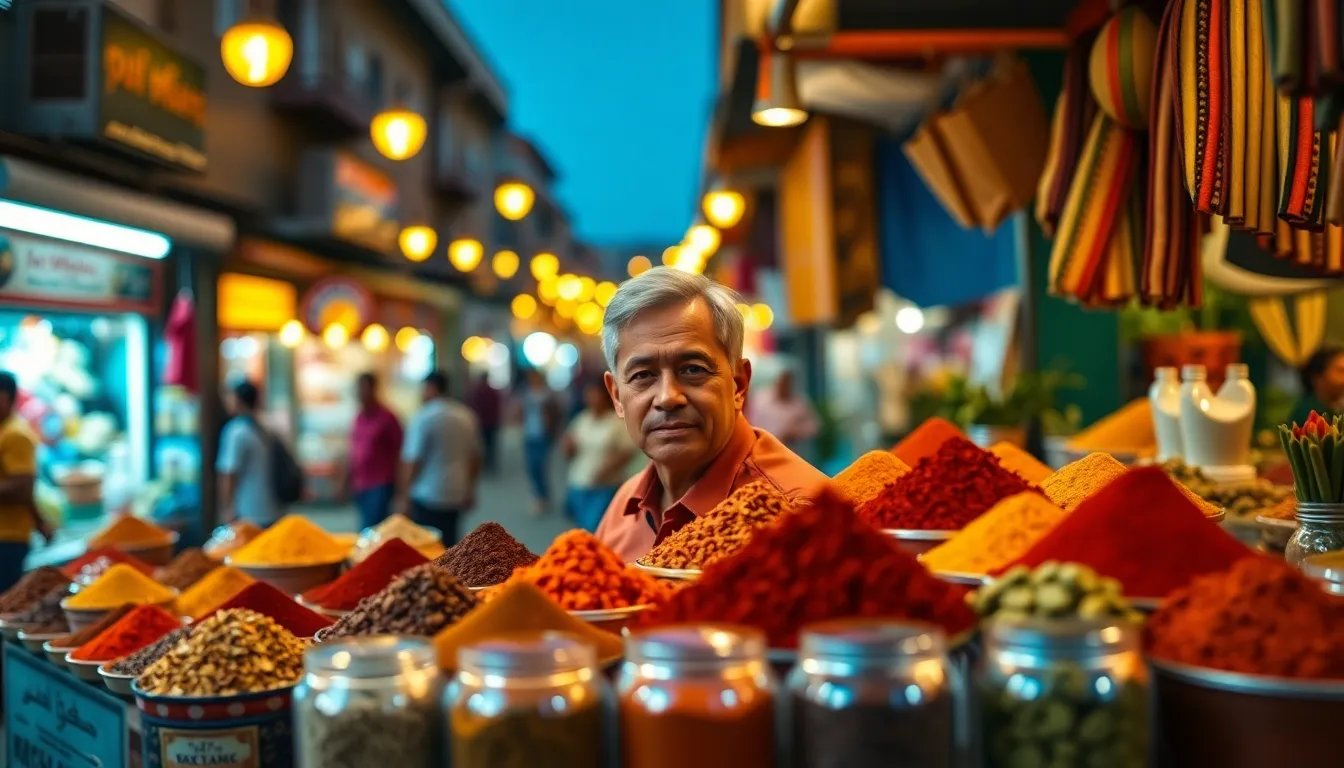 A lively street market scene captures a vendor showcasing an array of colorful spices and herbs. The warm glow of tungsten lights creates an inviting atmosphere filled with enticing colors. The focal point is the vibrant jars overflowing with spices, showcasing their rich textures. The bustling background adds context, making it a dynamic representation of local culture.