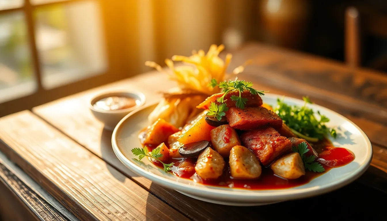 A stunning close-up of a plate featuring vibrant local cuisine, artfully arranged with fresh herbs and sauces. The soft morning light enhances the colors and textures, making the dish look irresistible. The rustic wooden table adds a cozy feel to the composition, inviting viewers to savor the culinary experience. This image beautifully represents the intersection of food and culture in travel.
