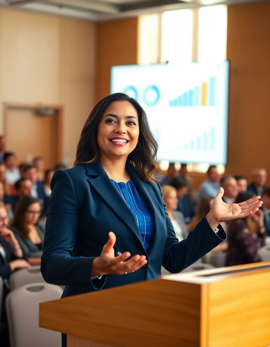 Confident Analyst Presenting at Conference