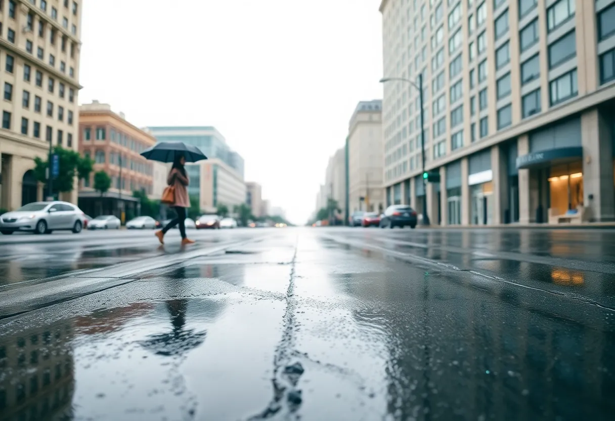 A serene city street captured under light rain, showcasing the beauty of reflections on wet pavement. The overcast sky diffuses the daylight, creating an even, soft glow that enhances the muted colors. A lone pedestrian with an umbrella adds a touch of life to the tranquil scene, while the composition expertly leads the eye through the reflections and shadows. This image conveys the calm and quiet moments of urban life during a rainy day.