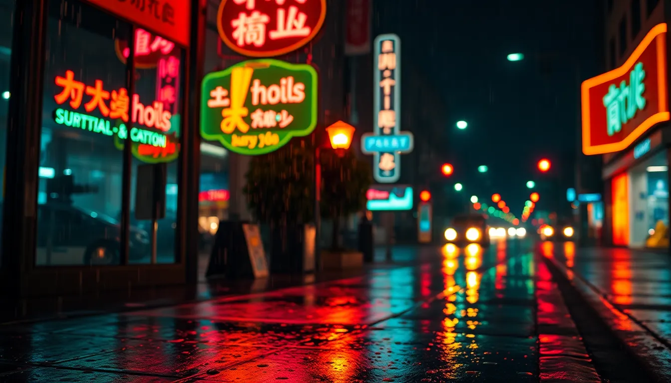 Neon Reflections on Rainy City Street