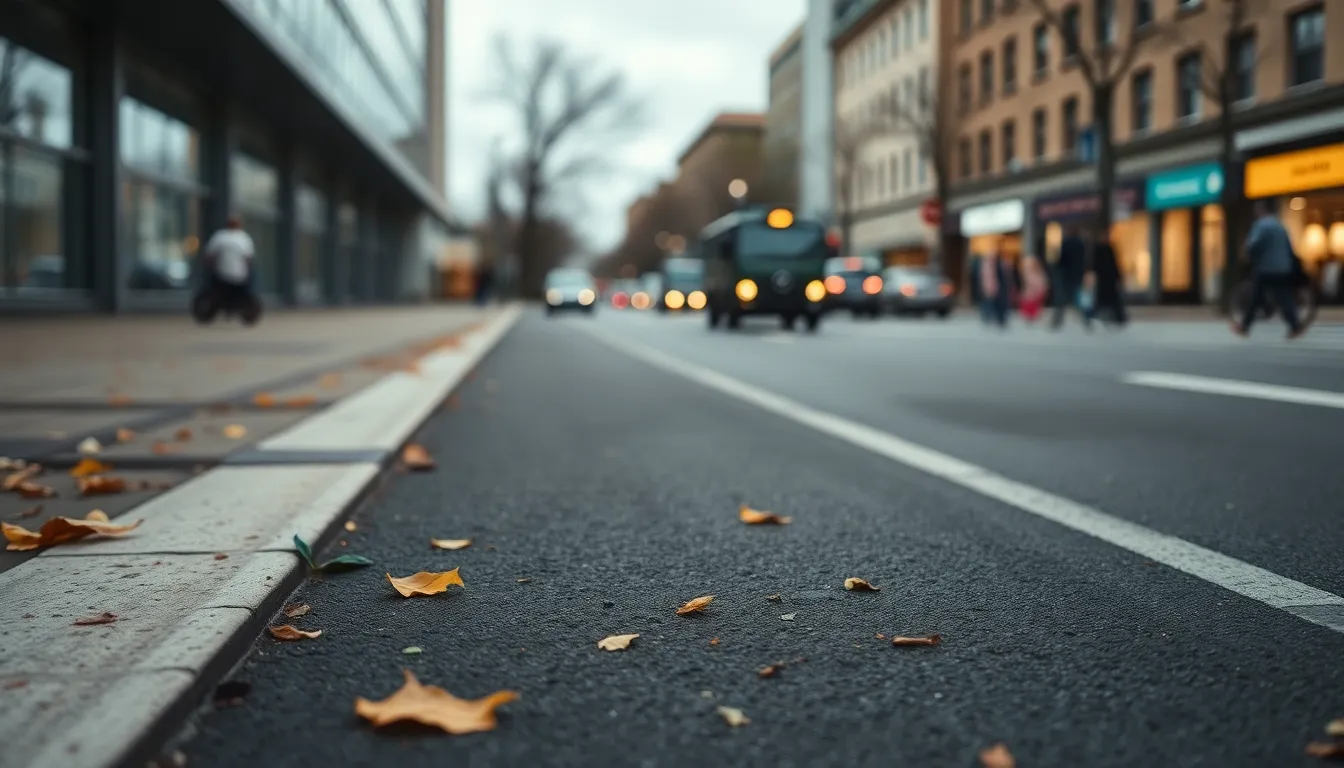 Busy Urban Street With Pedestrians A bustling urban street scene captured on a cloudy day, featuring pedestrians crossing a road marked by visible tire tracks. The softness of the background draws attention to the lively atmosphere, while the muted earth tones convey an everyday city life. The composition follows the rule of thirds, highlighting the dynamic movement of people against the urban backdrop.