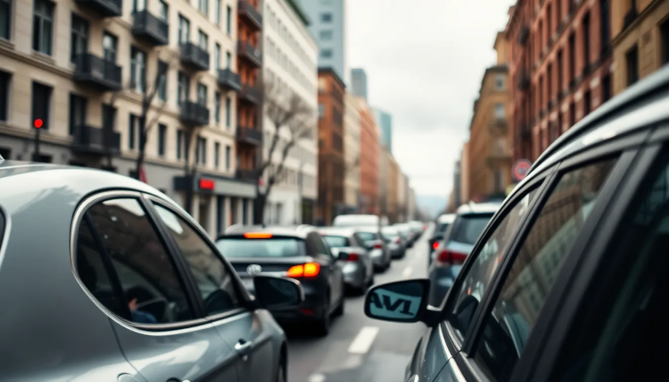 Peaceful City Street After Rain A serene city street captured on an overcast day, showcasing parked cars and bicycles along the road. The diffused daylight creates a soft, calming atmosphere, with muted colors of greys and greens. Rain droplets on car windows add visual texture, enhancing the feeling of freshness after a rain shower. The composition effectively guides the viewer's gaze down the street, inviting them to explore the tranquil urban scene.