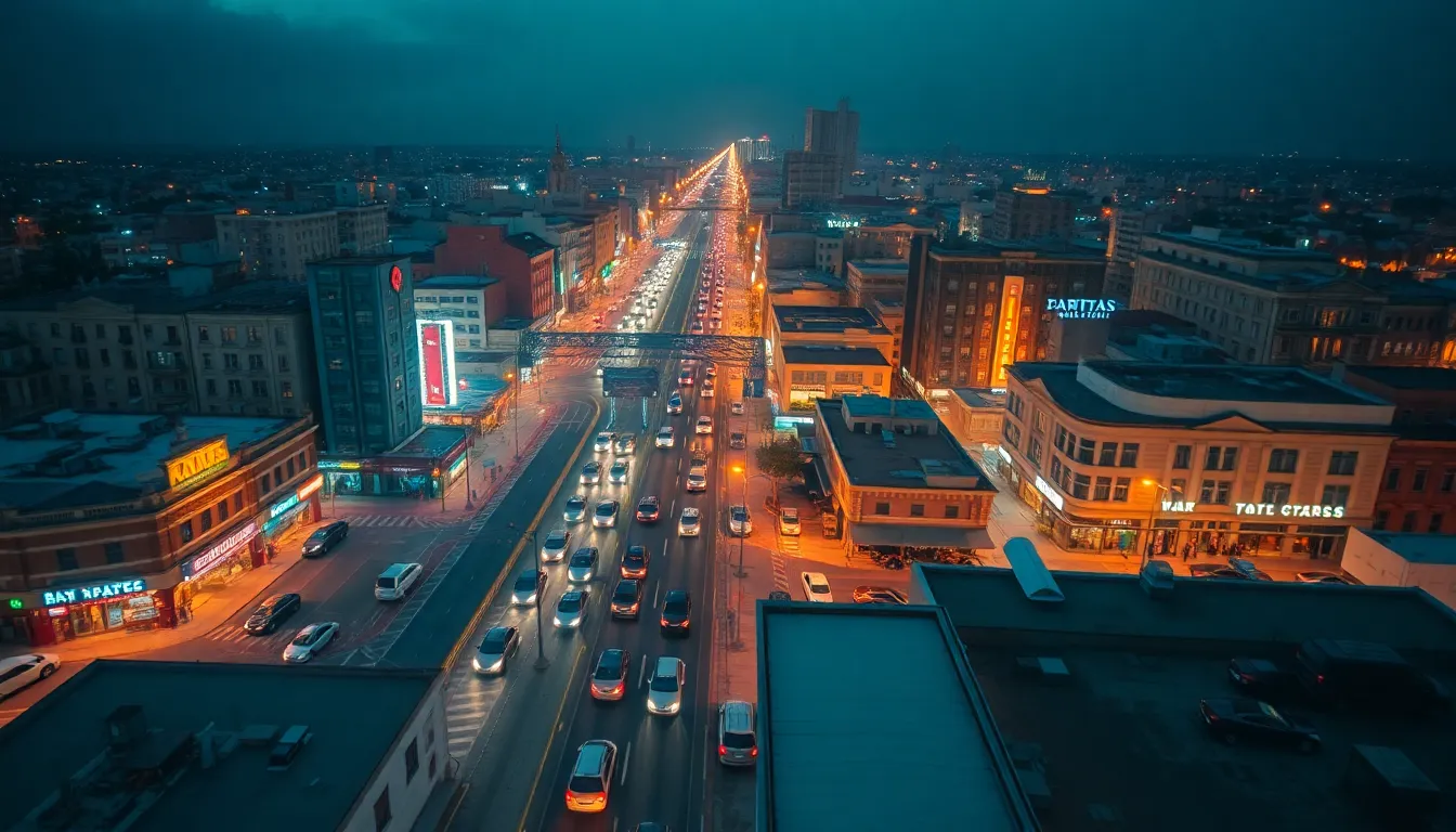 An awe-inspiring aerial view of downtown featuring a bustling boulevard alive with traffic as dusk descends. Neon lights and warm street lamps paint the scene with vibrant hues, creating a captivating contrast against the twilight sky. The sharp focus reveals intricate city textures, from the bustling streets to the urban rooftops. This image encapsulates the pulse of city life, inviting viewers to immerse themselves in the vibrant urban tapestry.