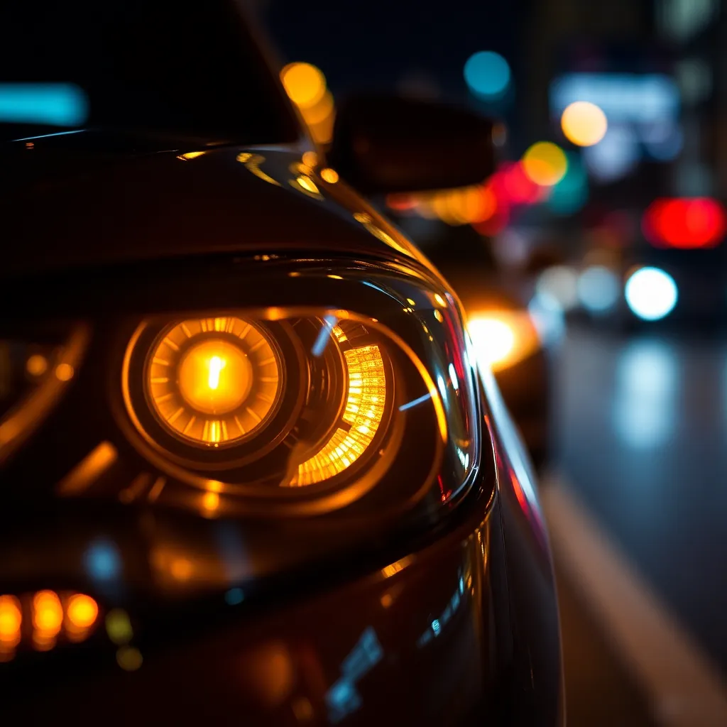 Dynamic Night Lights of Urban Vehicles A striking close-up of vehicle headlights and taillights illuminating the night, revealing the intricate details of glass and metal. Dramatic butterfly lighting enhances the textures, while a saturated color palette evokes the vibrancy of city nightlife. The shallow depth of field creates a dreamy background bokeh, allowing the dynamic lines of light to draw the viewer's attention. This image captures the electric energy and beauty of urban transport at night.