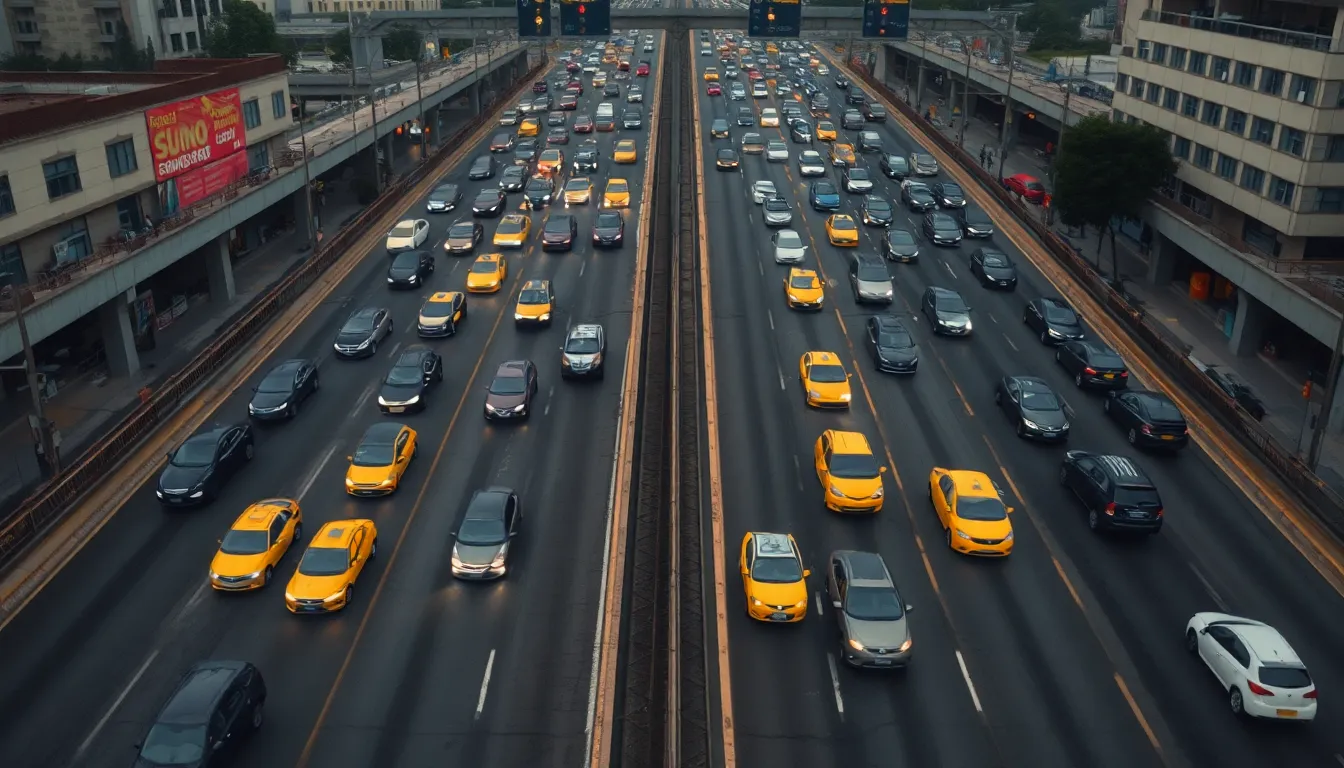 Aerial View of Congested Freeway at Rush Hour