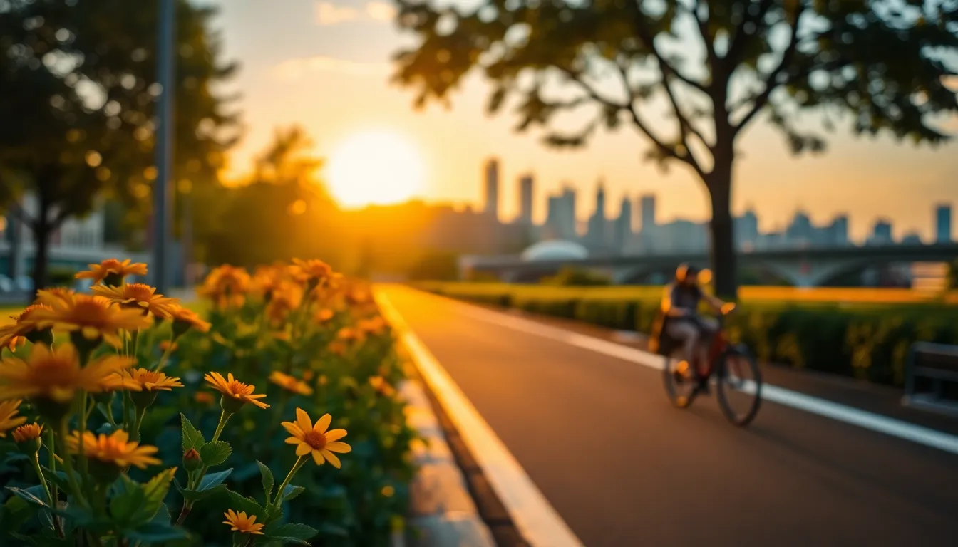 Morning Traffic with Blossoms and City Skyline A serene morning scene captures a vibrant city waking up, with a foreground of colorful flowers leading toward the bustling city skyline. Sunlight bathes the entire image in warm golden tones, enhancing the vivid greens and oranges. The hyperfocal distance ensures clarity from the flowers to the towering buildings in the background, while the bike lane creates a natural line leading the viewer's eye. The overall mood conveys a peaceful start to a busy day.