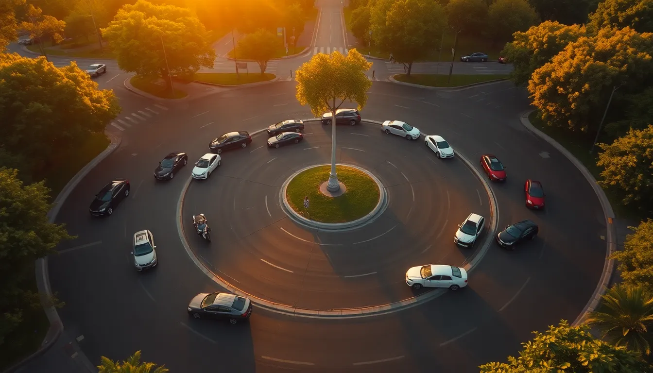 An aerial view of a bustling roundabout during golden hour, showcasing the graceful flow of vehicles moving in circular patterns. The warm backlighting envelops the scene in a soft glow, enhancing both the vehicles and the surrounding greenery. With carefully balanced color tones, the image captures the essence of city life while celebrating nature. The composition guides the viewer's eye along the circular paths of traffic, creating an engaging and dynamic perspective.