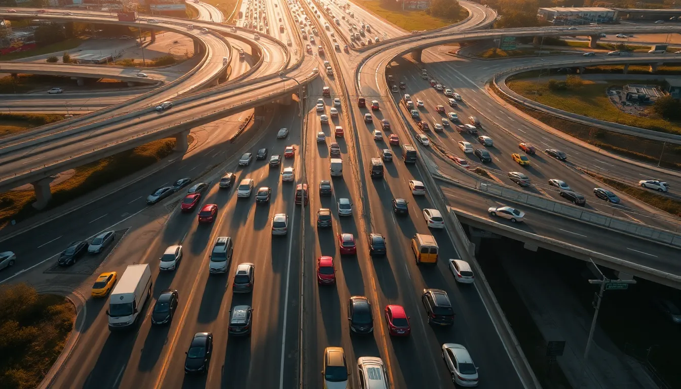 This captivating aerial image captures the dynamic flow of traffic at a major city interchange during rush hour. The low afternoon sun casts dramatic shadows, enhancing the texture of the roadways and the vibrant colors of vehicles. The intricate patterns created by merging lanes and traffic create visual tension and interest. The scene is clear and detailed, showcasing the bustling energy of urban life from a unique perspective.