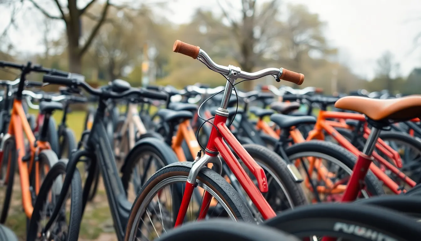 Bicycles in a Park Rack on a Cloudy Morning
