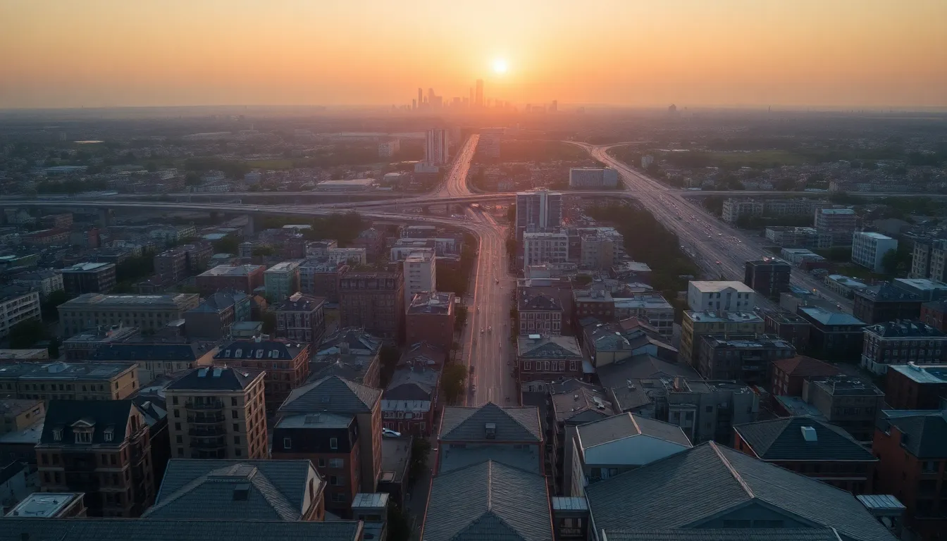 Drone View of Cityscape at Sunset