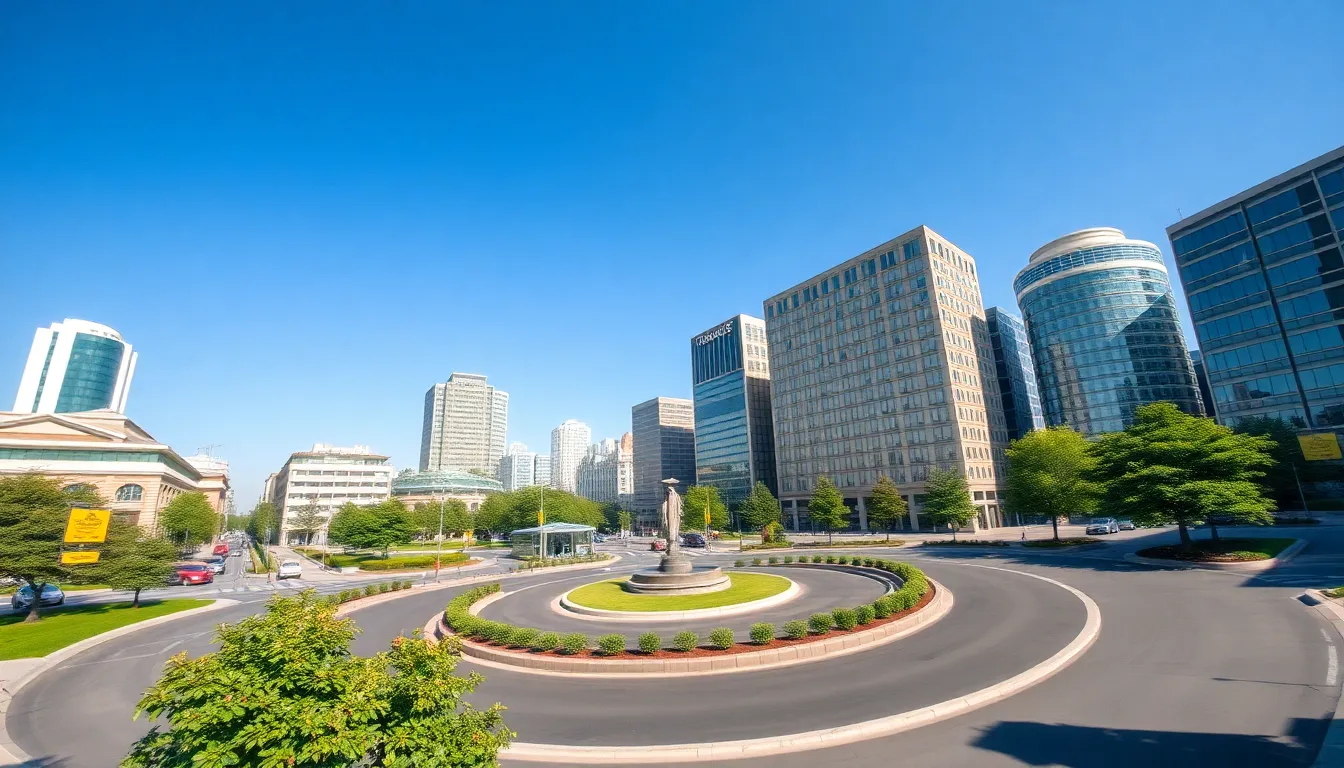 Visually striking, this image presents a panoramic view of a lively city roundabout, surrounded by an intriguing blend of modern and traditional buildings. The sharp focus throughout the scene invites the viewer to explore the convergence of architecture and nature. The vibrant greens from nearby parks contrast beautifully with the cool tones of the structures, enhancing the urban landscape. Leading lines in the composition guide the eye around the roundabout, capturing the bustling essence of city life.
