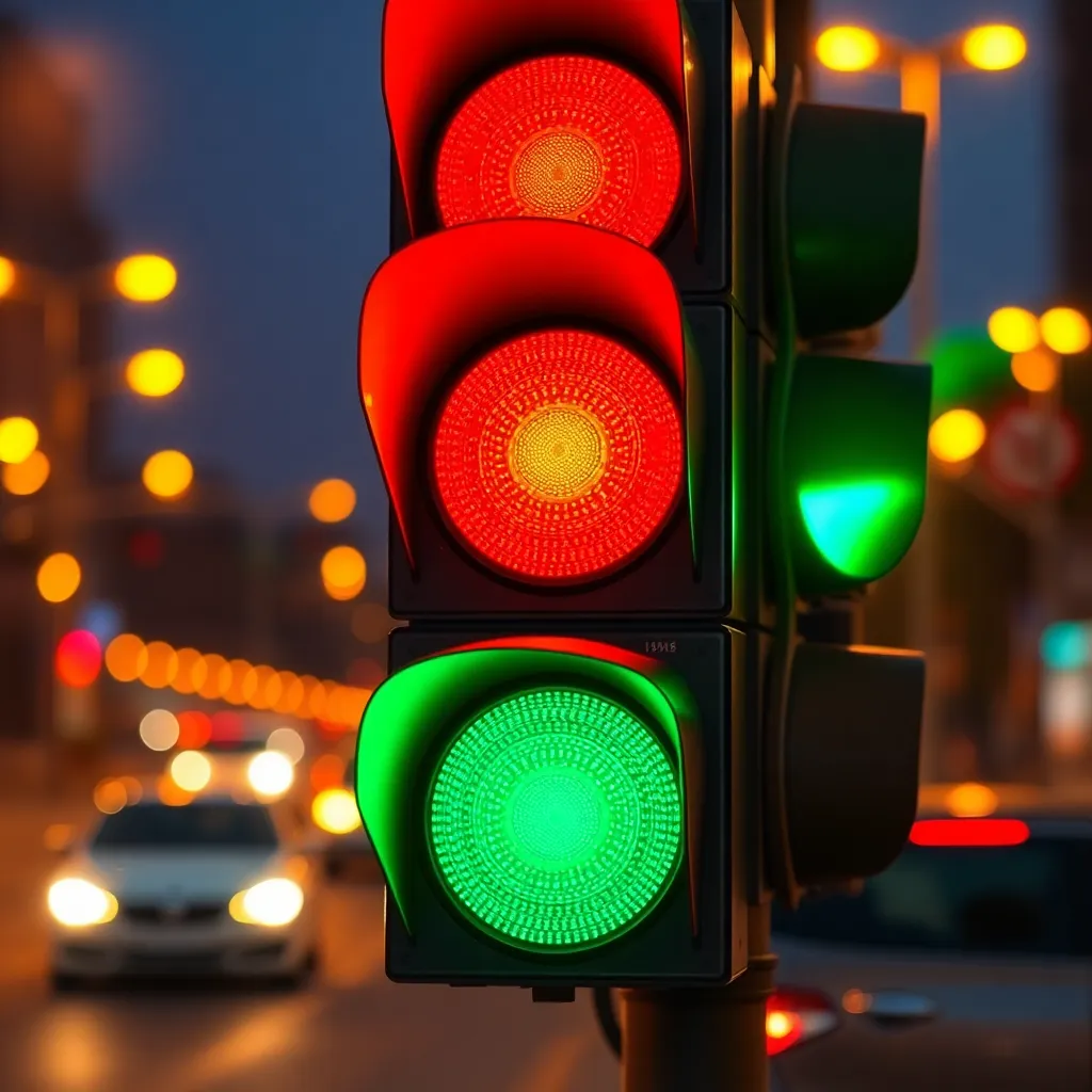 A vibrant close-up of a traffic light illuminated by warm tungsten streetlights, showcasing the striking colors of red, yellow, and green. The medium format photograph captures intricate details, highlighting the glossy surface of the signals against a softly blurred urban backdrop. The image conveys the dynamic nature of city life at night, emphasizing both color and texture. The overall composition draws the eye toward the symmetry of the traffic light, creating a visually engaging focal point.