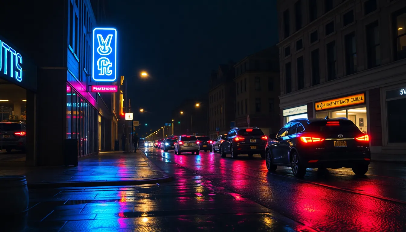 City Traffic Reflected on Wet Pavement A vibrant night scene of city traffic is reflected on wet pavement following a rain shower. The neon signage casts dramatic blue and magenta light onto the cars, enhancing the lively urban atmosphere. With careful attention to composition and lighting, this image captures the essence of nightlife in the city, inviting viewers to feel the energy and movement.