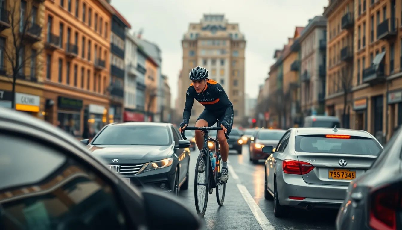 Cyclist Braving City Traffic in the Rain This captivating scene showcases a cyclist weaving through bustling city traffic under a light rain. The atmospheric perspective from the moisture creates a soft haze, enhancing the natural colors of the urban landscape. Shallow depth of field brings the cyclist into sharp focus while the background blurs into a dynamic swirl of vehicles. The rich earthy tones contrast beautifully with the cyclist's vibrant attire, embodying the energy of city life.