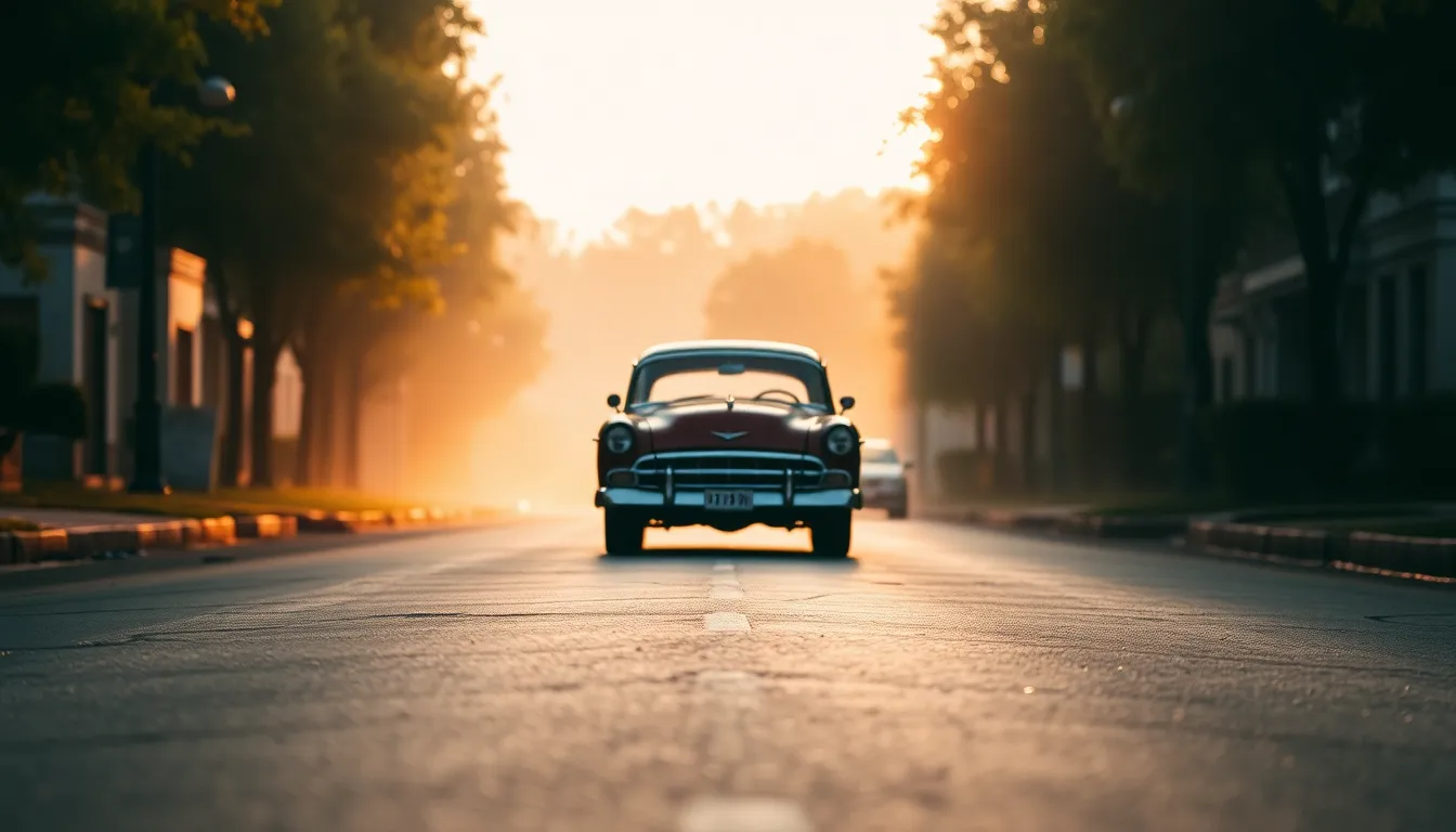 An inviting image of a vintage car parked on a tranquil city street at dawn, enveloped in soft morning light and mist. The gentle pastel colors evoke a sense of calm, contrasting beautifully with the vintage style of the car. The peaceful atmosphere is highlighted by delicate reflections on the pavement, while the background blurs softly, ensuring all attention remains on the subject. This composition captures the essence of early mornings in the city.