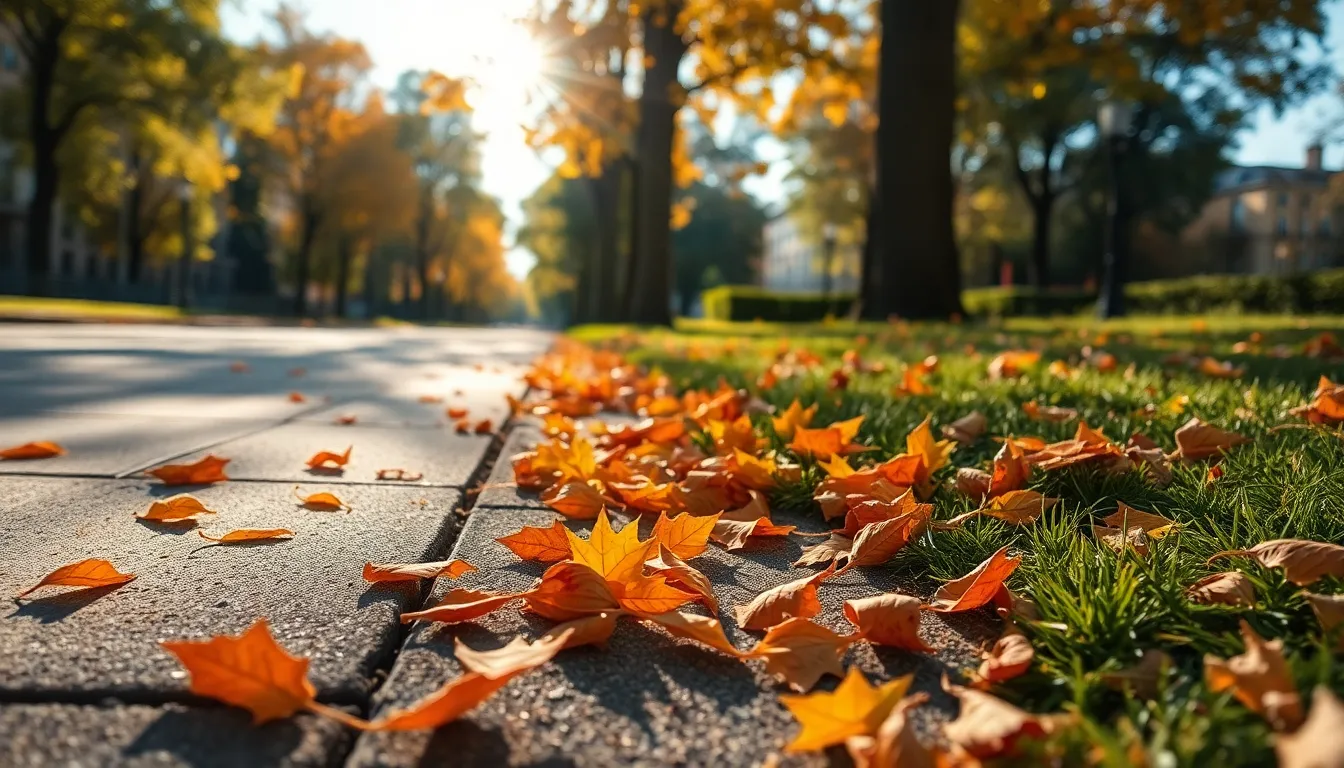 Autumn City Street with Fallen Leaves