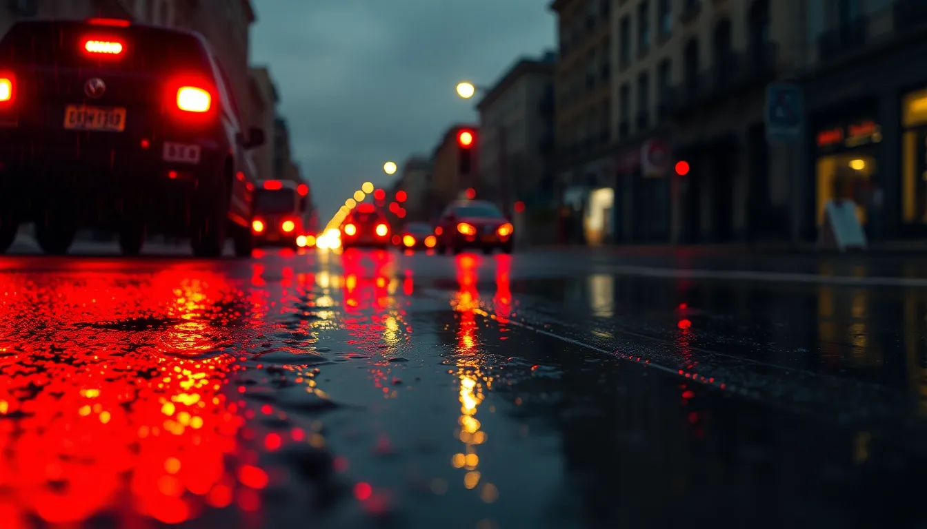 A stunning capture of a rain-soaked city street at night, where the colorful streams of brake lights fill the scene with life. The reflections in the puddles enhance the vividness of the red and yellow hues against the darker surroundings. The hypnotizing flow of traffic amidst the rain offers a captivating glimpse into urban night life. The composition beautifully emphasizes depth, drawing the viewer's eye into the dynamic scene.