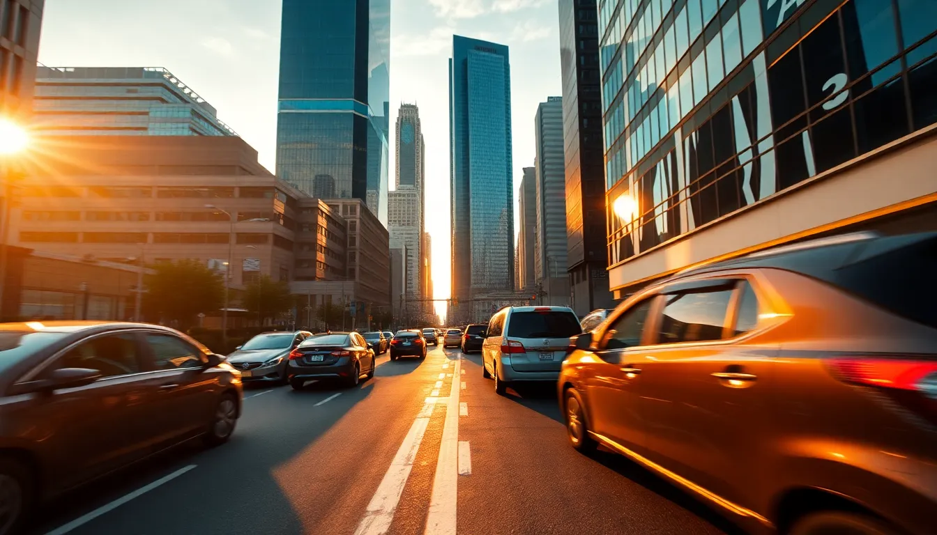 Busy Downtown Intersection at Golden Hour