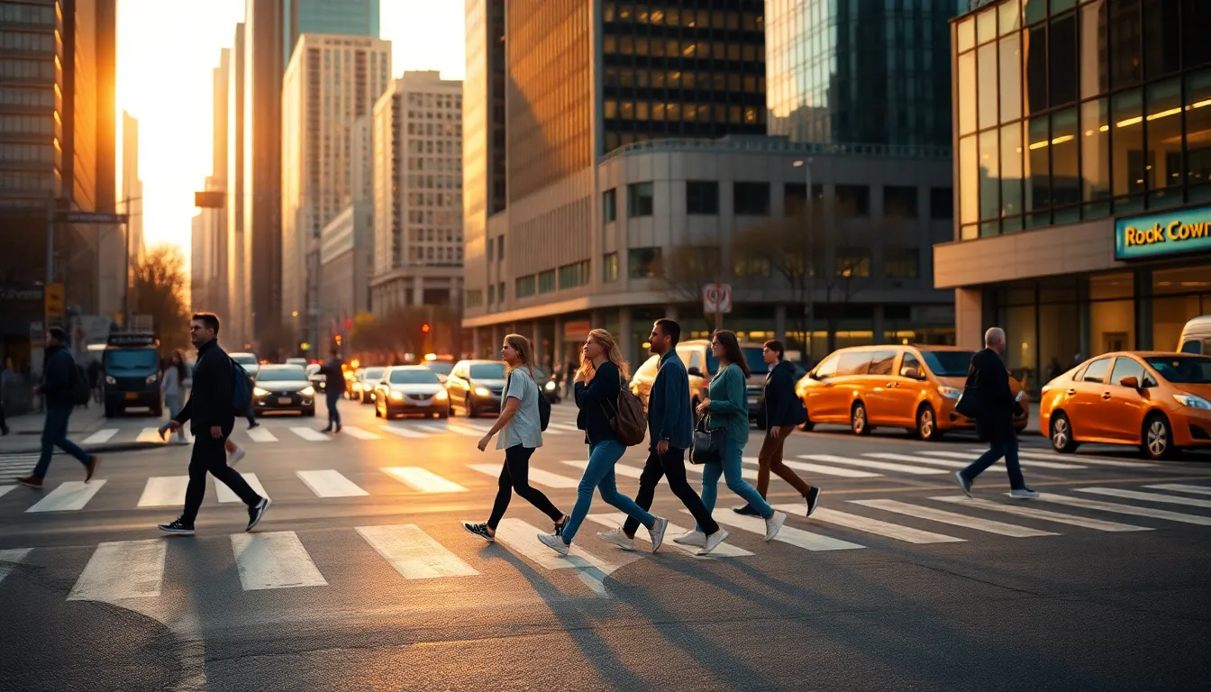 A vibrant city intersection captured during golden hour, filled with pedestrians and vehicles creating a lively atmosphere. The warm rim light enhances the scene, highlighting the bustling commuters as they cross the street. The soft bokeh in the background draws attention to the people in focus, showcasing their diverse attire and expressions. This photorealistic image embodies the energy of urban life and the beauty of a city awash in golden light.
