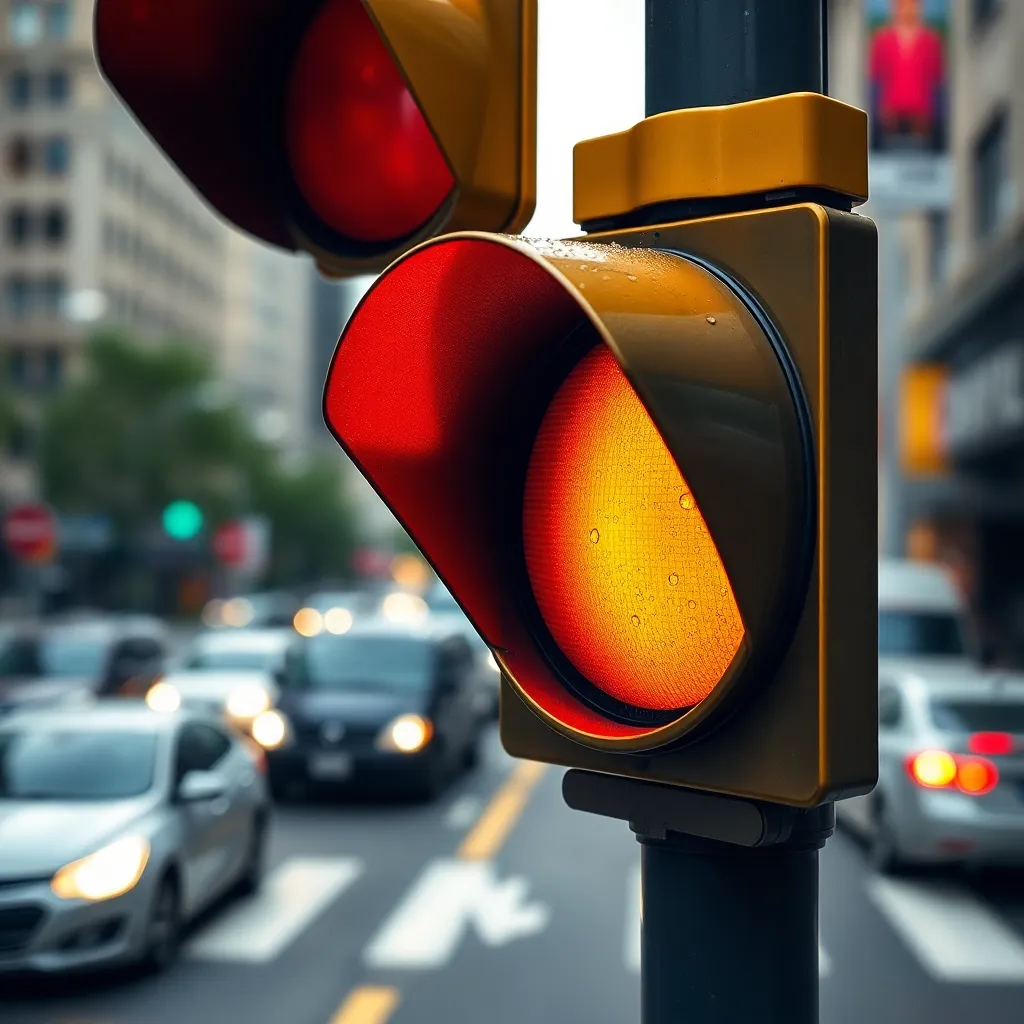 A close-up view of a traffic signal, showcasing vibrant colors and intricate details enhanced by raindrops. The image captures the interplay of light and color, with a blurred city backdrop creating depth. Shot with a Fujifilm GFX 100S, the shallow depth of field emphasizes the traffic signal while subtly masking the busy urban scene behind it. The striking red, yellow, and green hues pop against the softly blurred surroundings.
