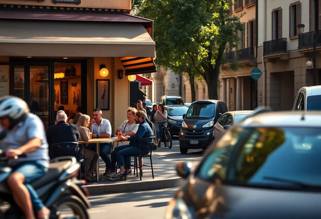 Lively Street Café with Passing Traffic