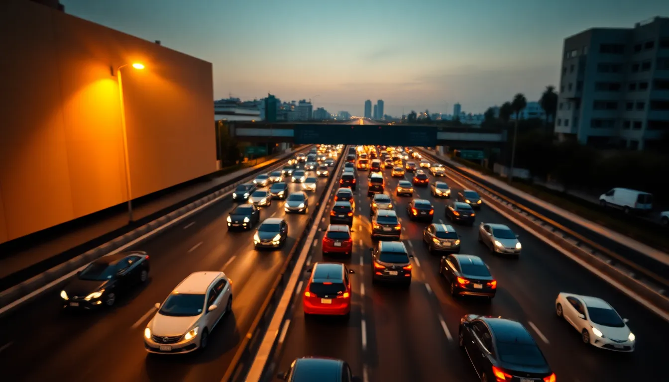 An overhead view of a congested highway filled with vehicles during rush hour, where warm tungsten light from a nearby building adds a cozy touch to the busy scene. Shot with a Leica Q3, the shallow depth of field beautifully isolates the traffic while blurring the foreground and background. The natural muted tones complement the setting sun, creating a serene atmosphere amid the urban chaos. The centered composition offers a balanced perspective on the scene.