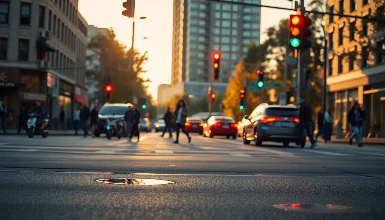 Busy Urban Intersection in Golden Light A vibrant scene capturing a bustling urban intersection during late afternoon. The warm sunlight casts long shadows, enhancing the lively atmosphere with pedestrians and vehicles in motion. The traffic lights glow in bright red and green, contrasting beautifully with the asphalt. The high-rise buildings loom overhead, adding depth to the urban landscape and inviting viewers into the dynamic city life.