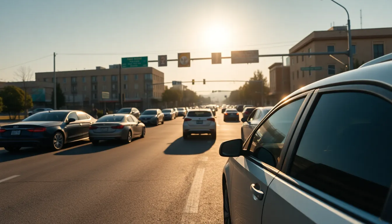 Busy Intersection Under Bright Sunlight A vibrant street scene at a bustling intersection comes to life under bright midday sunlight. Vehicles of all shapes and sizes vie for space, while pedestrians navigate the crosswalk. The high contrast shadows add depth to the asphalt surface, highlighting its texture. The composition follows the rule of thirds, effectively capturing the dynamics of urban life.
