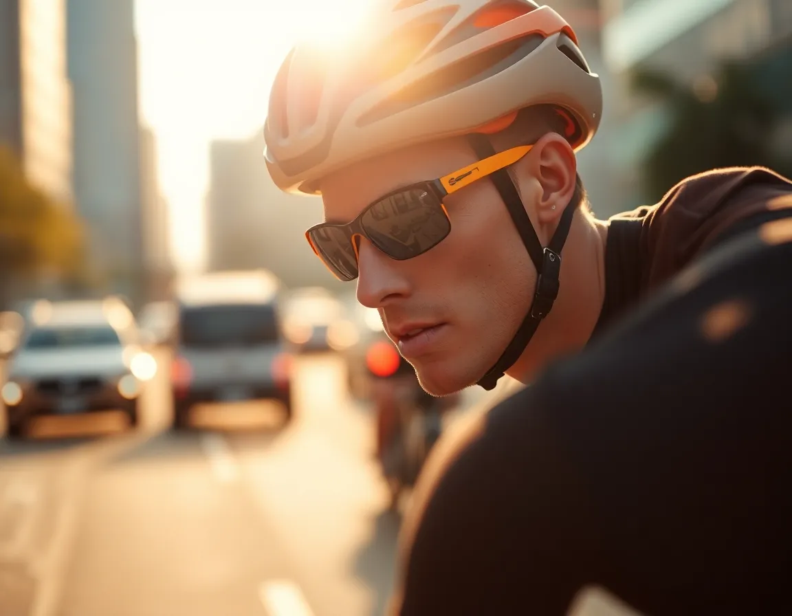 Focused Cyclist in Urban Traffic