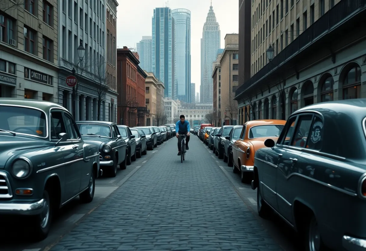 This striking image showcases a charming city street filled with vintage cars, captured in soft, diffused daylight. The focus extends from the classic cars to the distant cityscape, providing a clear view of the urban environment. The mood is nostalgic, enhanced by the cool, muted palette of blues and grays. The symmetrical composition emphasizes the beauty of the architecture and the unique character of the street, inviting the viewer to reminisce about a different era.