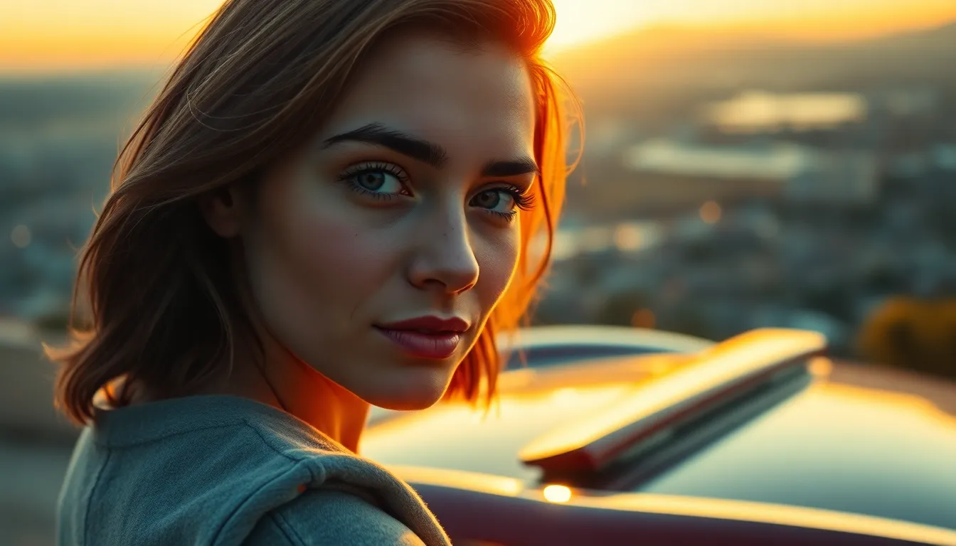 Classic Car at Sunset Overlooking City A stunning classic car is captured at sunset, with golden hour light creating a warm and inviting atmosphere. The car's glossy surface reflects the vibrant hues of the cityscape in the background. The selective focus on the car's details, paired with the soft bokeh, draws the viewer's eye, evoking a sense of nostalgia and appreciation for vintage automobiles.