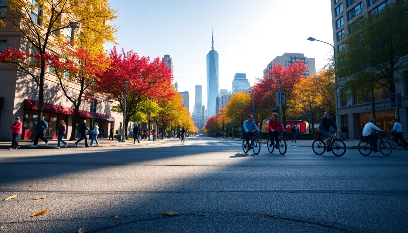 This vibrant image showcases a busy urban intersection filled with cyclists and pedestrians, all bustling under the bright midday sun. The warm colors of the surrounding buildings and park create an inviting atmosphere. Sharp shadows and vivid highlights bring the scene to life, capturing the essence of city dynamics. The clear background emphasizes the park's greenery, contrasting beautifully with the urban landscape.