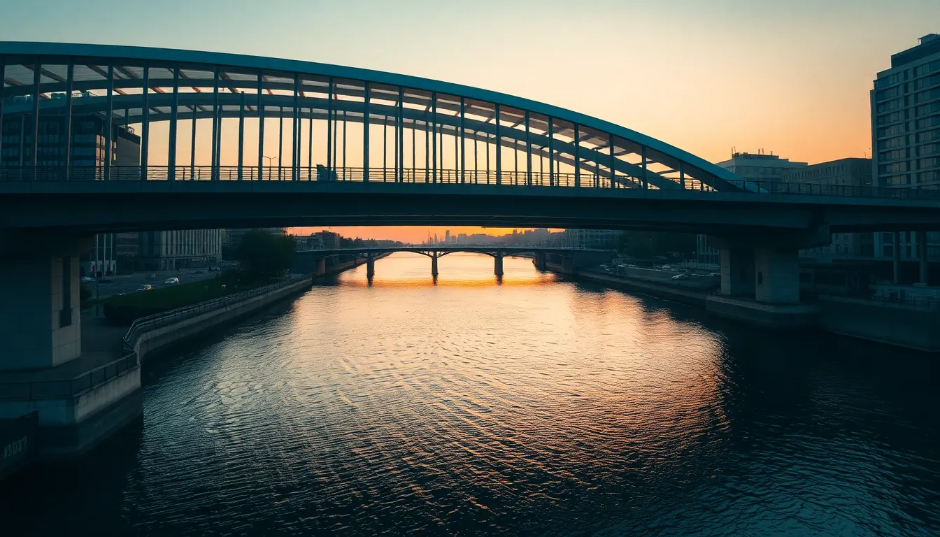 Sunset Over Modern City Bridge An expansive view of a modern architectural bridge beautifully silhouetted against a vibrant sunset sky. The warm light creates stunning reflections on the water below, enhancing the tranquil yet lively atmosphere of the scene. Natural muted tones of orange and blue harmonize, inviting viewers to appreciate the peaceful transition from day to night. The strong leading lines of the bridge draw the eye into the distance, showcasing the connection between land and sky.