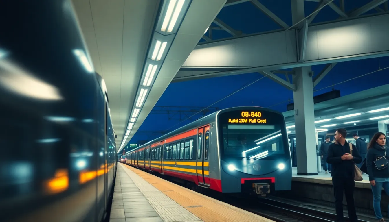 Commuter Train Arriving at Modern Station at Night This dynamic night scene features a commuter train arriving at a modern station, illuminated by vibrant overhead lights against a deep blue sky. Captured in sharp detail, every element from the train to the bustling platform is in focus, enhancing the atmosphere of excitement and anticipation. The warm lights create a lively contrast with the cool night, while the composition strategically positions the train, drawing the viewer’s eye toward this impressive mode of transportation.