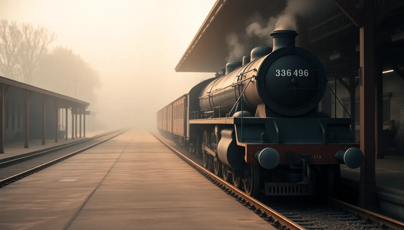 Misty Morning at Vintage Railway Station This evocative image captures an old railway station enveloped in morning mist with a vintage locomotive at rest. The soft diffused lighting creates a serene and mysterious atmosphere, while moisture enhances muted colors, giving a nostalgic touch. The focused locomotive draws attention, with blurred surroundings creating a dreamy ambiance. Symmetrical composition highlights the iconic design of the station, evoking memories of times gone by.