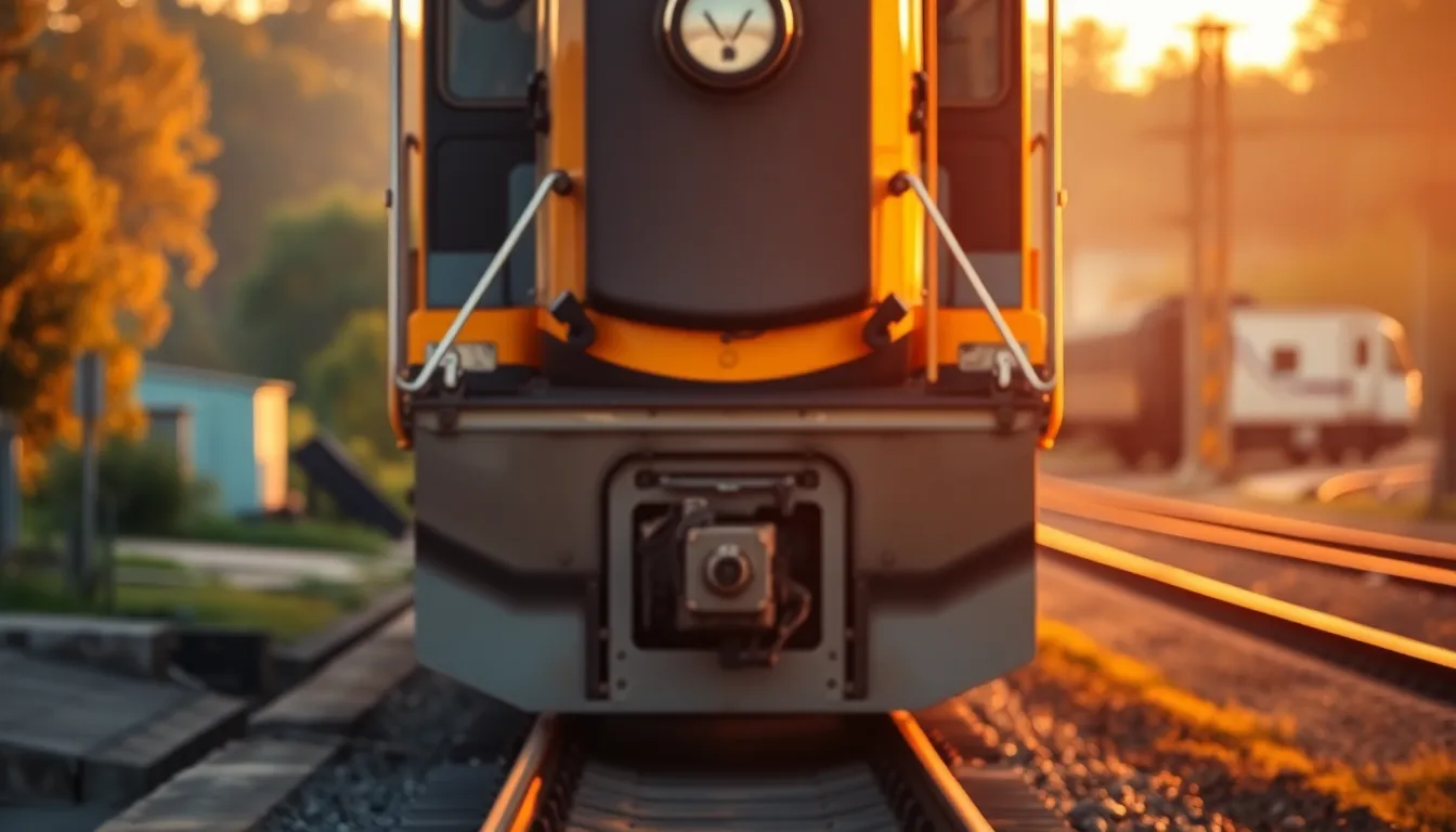 A striking image of a locomotive captured during golden hour, highlighting warm rim light on the metal surface. The train is perfectly positioned on the tracks that lead the viewer’s eye towards its front, surrounded by a lush landscape. The warm colors of sunset blend beautifully with earthy tones, creating a serene yet dynamic atmosphere. This composition emphasizes both the grandeur of the train and the beauty of the environment.
