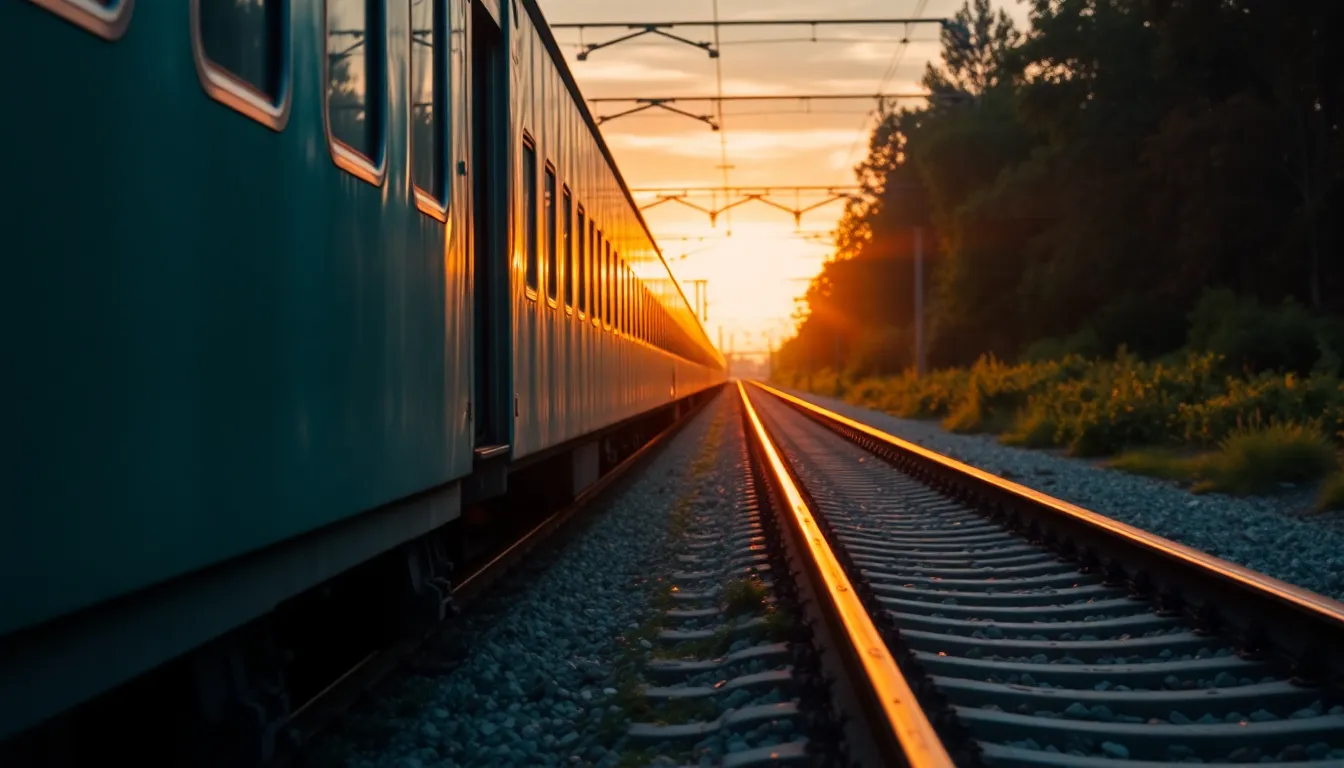 Vintage Train at Sunset on Open Tracks This captivating image features a vintage steam train illuminated by the golden hour sun, casting a warm glow on the scene. The train puffs steam as it traverses rustic iron rails, surrounded by a soft bokeh of greenery in the background. The warm light accentuates the train's weathered details and the gravel texture of the tracks. Overall, the image conveys a nostalgic yet dynamic moment in time.