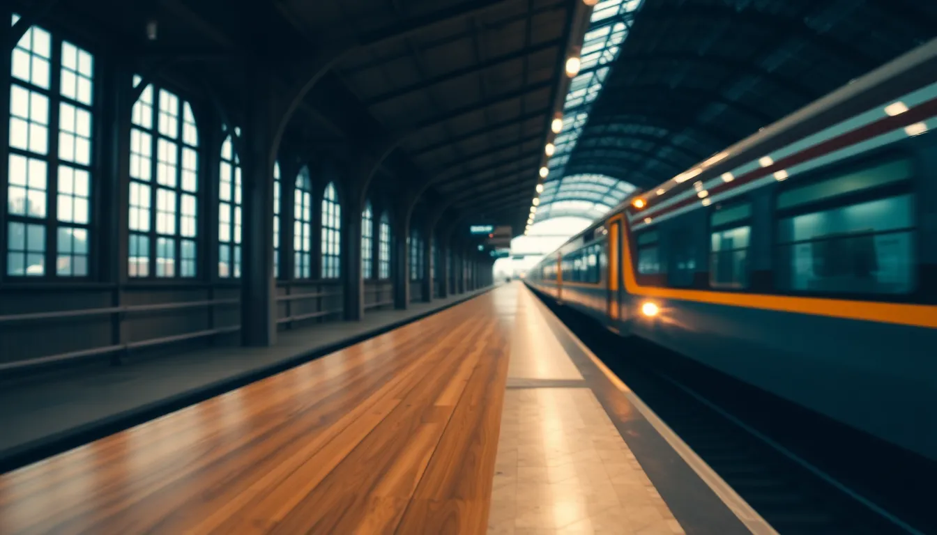 Train Station Under Overcast Skies An expansive view of a train station on an overcast day, with soft diffused light illuminating the scene. The polished wooden platform stretches towards a vibrant train, inviting passengers to embark on their journey. The hyperfocal depth creates a sharpness that captures every detail, while saturated colors add a lively touch to the muted atmosphere. This image conveys the excitement and anticipation of travel in a timeless setting.