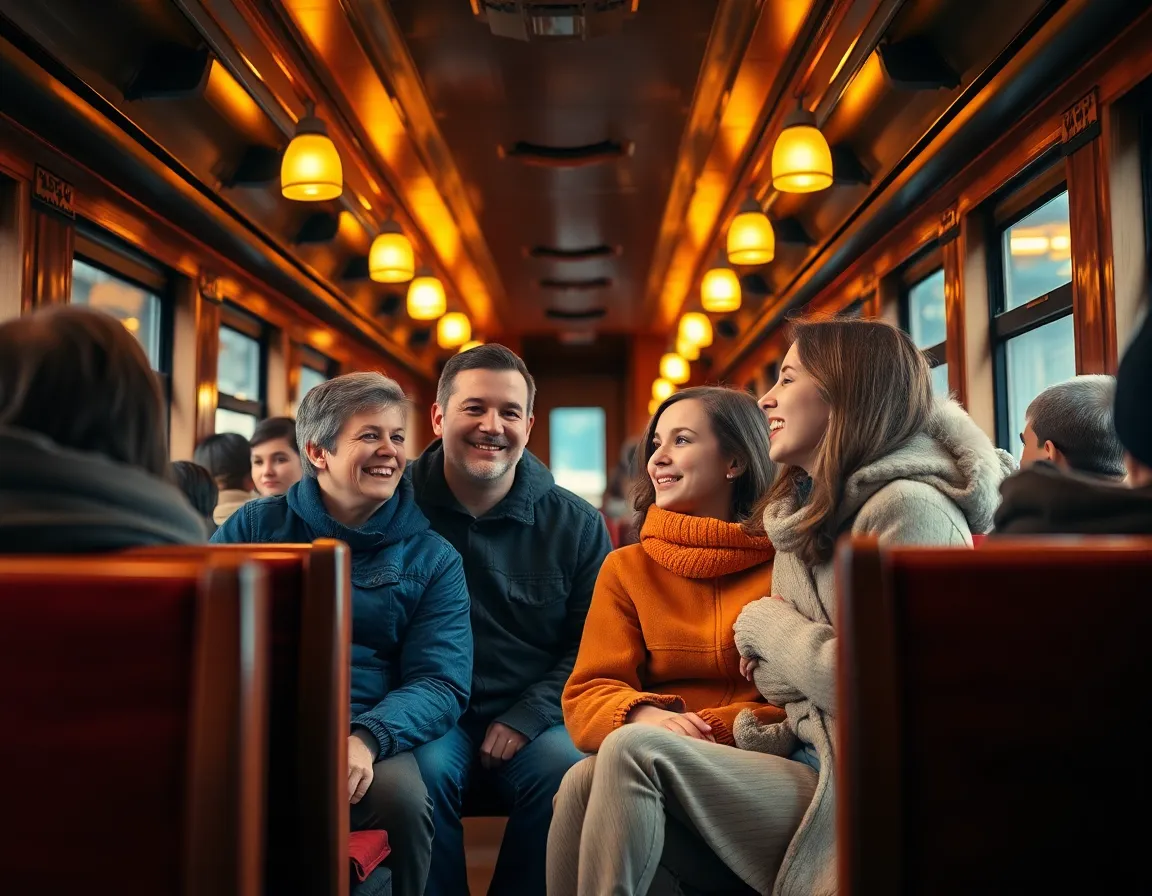 Cozy Train Interior with Passengers This image invites viewers into a cozy train interior, where a family enjoys their journey together. Warm tungsten lighting enhances the inviting atmosphere, casting soft illumination over the rich textures of the wooden benches and fabric. The selective focus on the family captures their laughter, while the bokeh background adds an intimate touch. The overall color palette contributes to a warm and nostalgic feel.