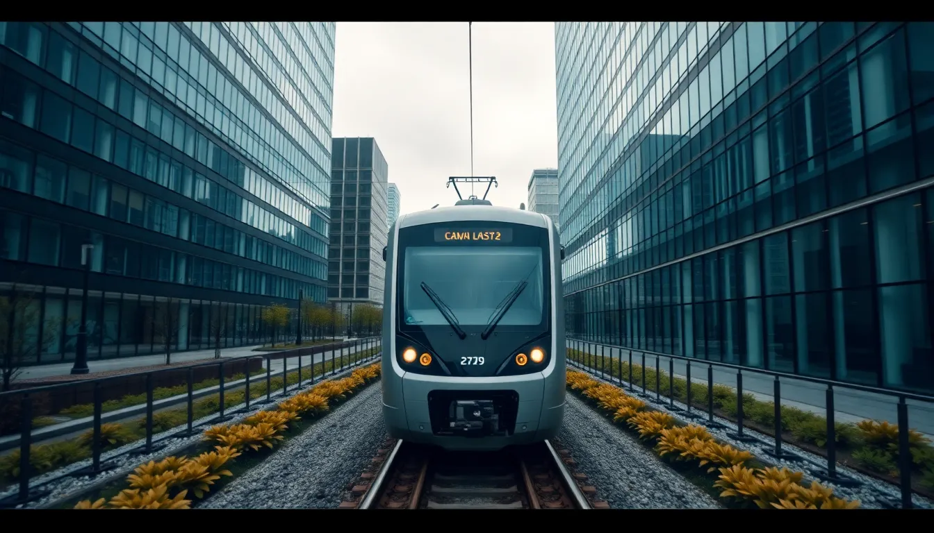 A sleek electric train glides effortlessly through a modern urban landscape, its reflections captured in the shiny glass buildings surrounding it. The overcast sky provides a soft diffused light, ensuring all details are crisp and sharp from foreground to background. The natural muted tones bring an earthy feel to the image, while the symmetrical composition emphasizes the train as the focal point in a vibrant city.