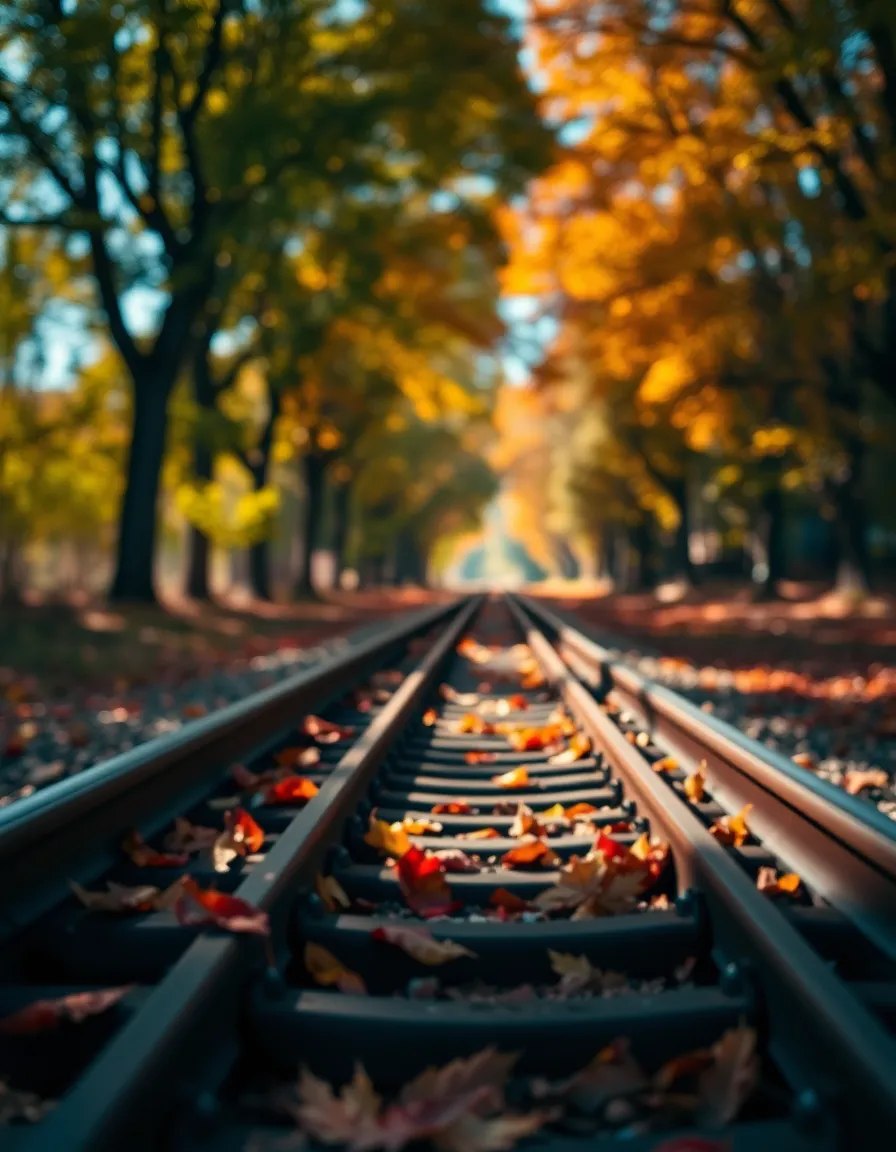 A close-up of rusted train tracks weaving through a canvas of vibrant autumn leaves, bathed in dappled sunlight. The foreground blooms with rich colors, while blurred bokeh from the surrounding foliage adds a dreamy effect. The composition uses leading lines that guide the viewer's eye along the tracks, evoking a sense of journey and nostalgia. The cinematic color grading further enhances the warmth of the autumn scene.